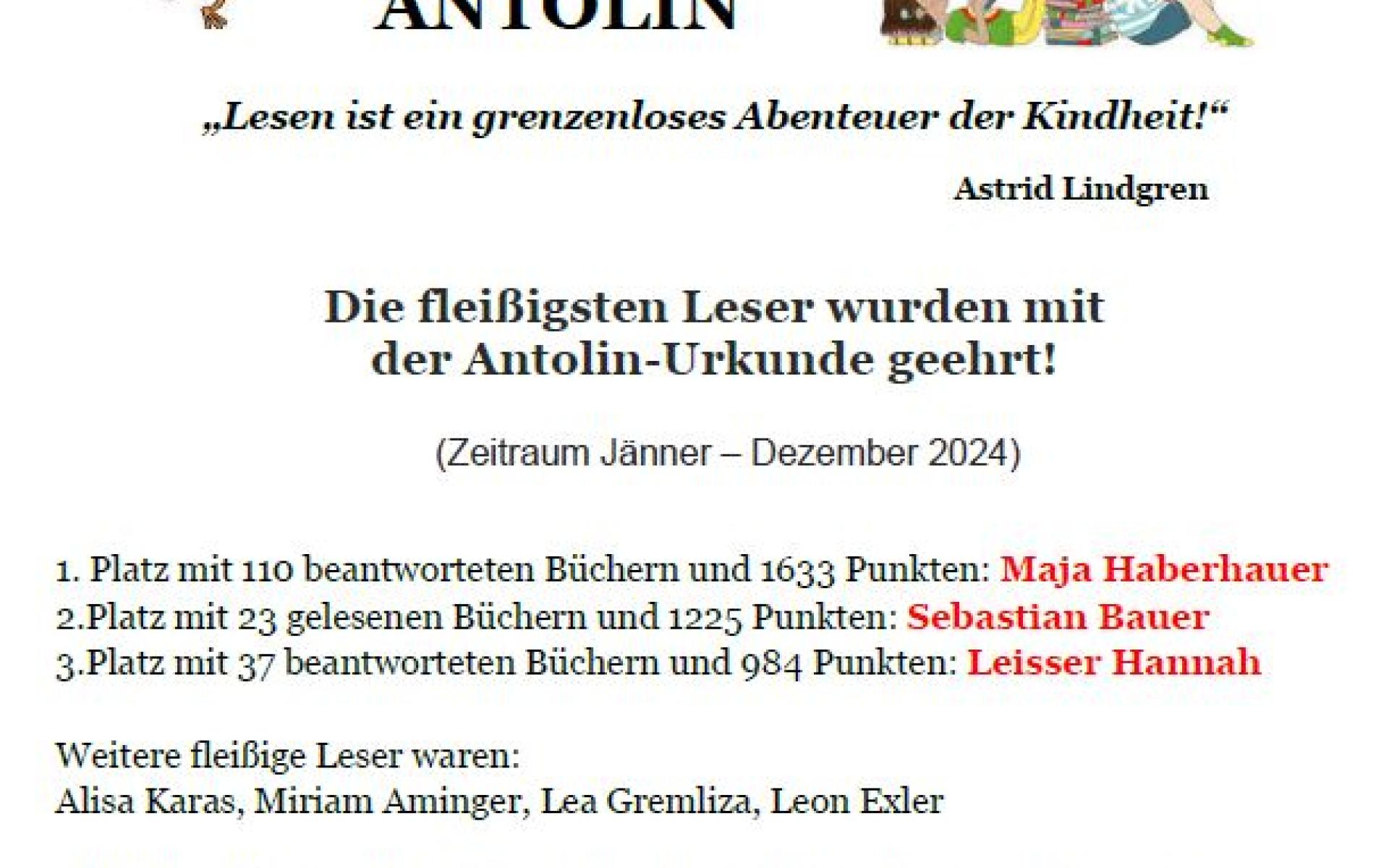 Antolin Siegerehrung für das Lesejahr 2024 